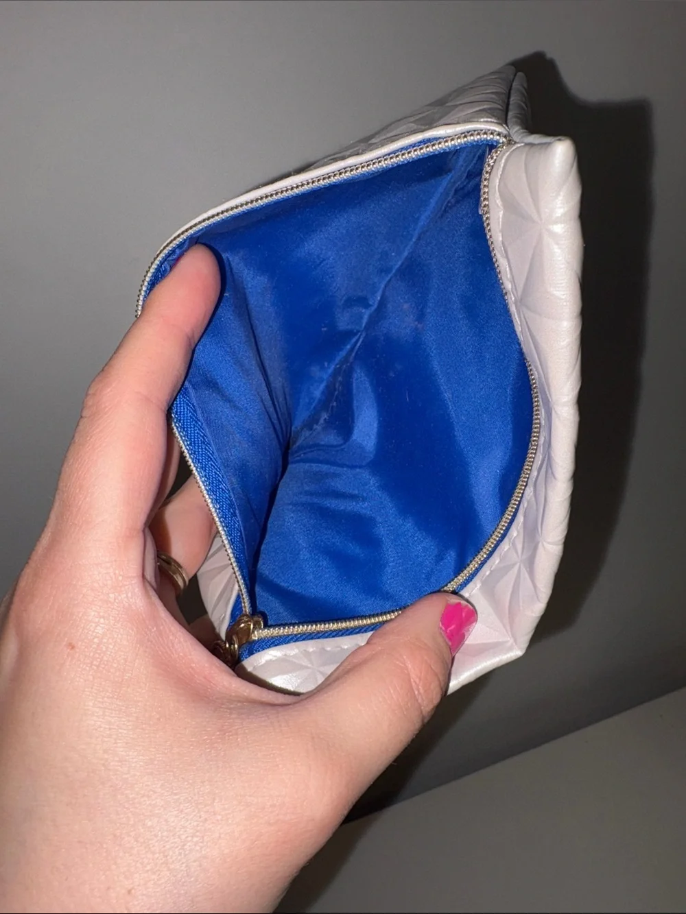 ipsy Silver Geometric Embossed Cosmetic Pouch with Navy Trim